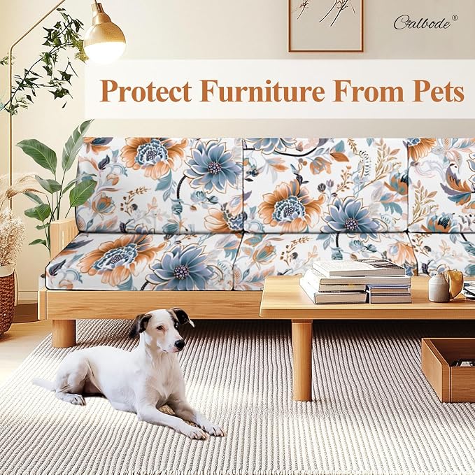 CALBODE 12Pcs High Elastic Digitally Printed Sofa Seat Cushion Cover for Fall Decor, Soft Reusable Floral Stretch Couch Cushion Slipcover for Outdoor Furniture Protector Replacement, All-Season
