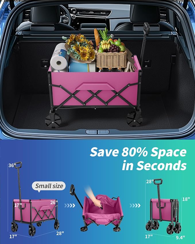Kitsure Collapsible Wagon with Wheels, Foldable Dog Wagon Carts with 200lbs Load Capacity, Utility Shopping Cart, Pink, 28.0" x 17.0" x 36.0"