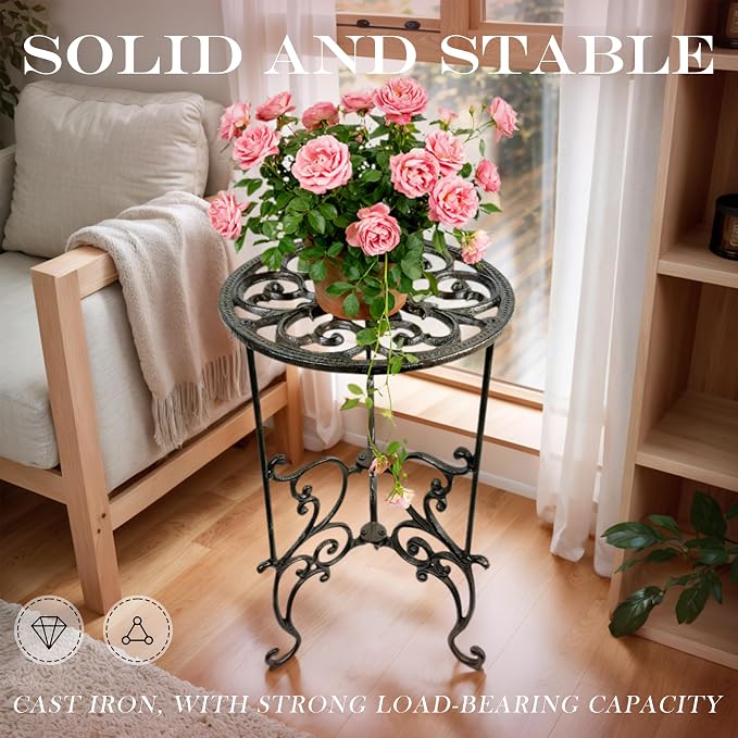 Heavy Duty Cast Iron Potted Plant Stand - 19.5IN Decorative Flower Pot Holder,Vintage & Rustic Style Indoor Outdoor Garden Pots Container Supports（Vintage Ornate Plant Shelf）