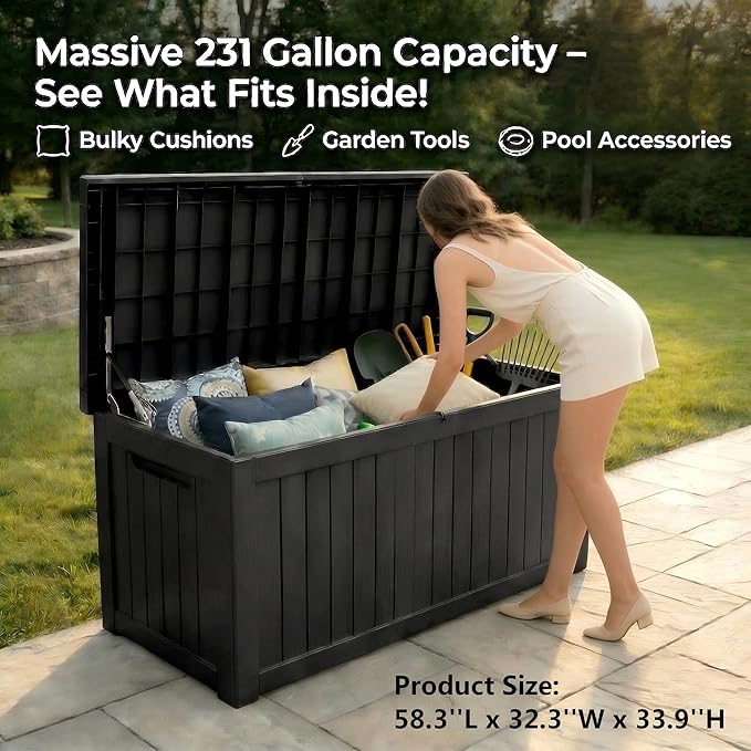 Large 231 Gallon Resin Deck Box, Heavy Duty Lockable Patio Storage Box Outdoor, Waterproof Tool Box for Garden Furniture Cushions & Pool Supplies, Wood Grain Outdoor Storage Bench for Backyard