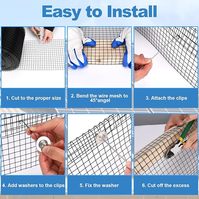 INCIKITI Critter Guard for Solar Panel Bird-Guard 6in x 100ft PVC Coated Pigeon Netting 1/2" Bird Mesh with 100 Fastener Clips, 20 Tie Wire, Cutting Scissor, Gloves, Pigeon Solar Panel Mesh for Bird