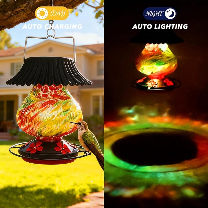 Solar Hummingbird Feeder-5 Feeding Ports with Perch, Hand Blown Glass Red Tree Sea Color Changing-Never Leak, Multicolor Night Lights – Perfect Hummingbird Feeder for Outdoors for Nature Enthusiasts