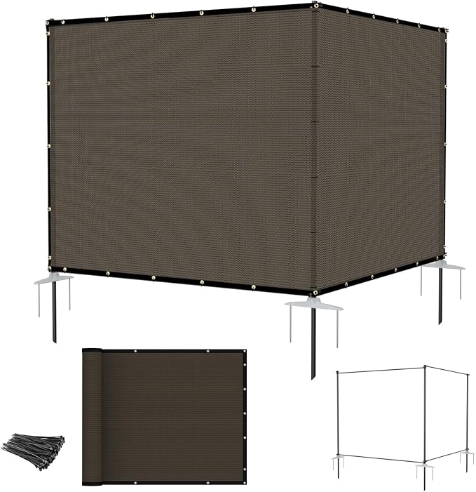 E&K 5'x12' Outdoor Privacy Screen Fence Panel Freestanding Backyard Patio Privacy Pool Fencing Temporary Garden Dog Fence with Iron Poles and Rails (Brown)