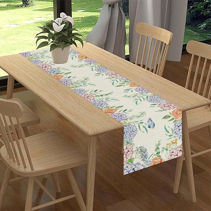Blue Floral Table Runner, Spring Seasonal Watercolor Hydrangea Flower Summer Farmhouse Country Rustic Table Center Decor for Family Kitchen and Dining Party Table Decorations, 13"x108"