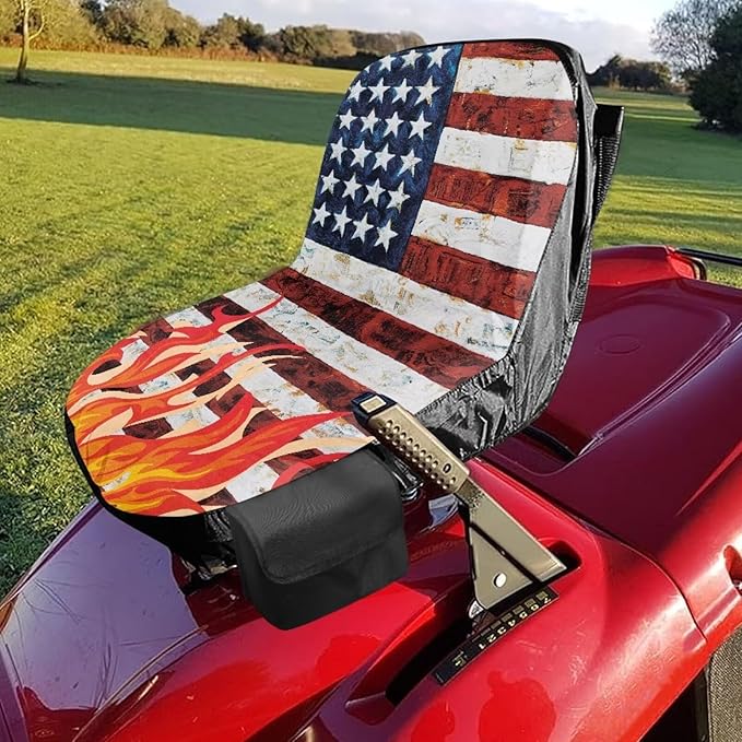 American Flag Riding Lawn Mower Seat Cover Waterproof Tractor Seat Cover with Drink Pouch Non Slip Agricultural and Industrial Vehicle Seats Covers Gift for Holiday