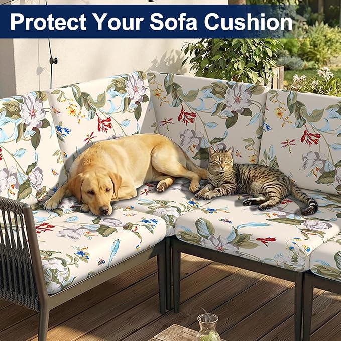 Smiry Waterproof Patio Cushion Covers, Stretch Outdoor Couch Slipcovers Replacement Washable Furniture Protector Sofa Chair Seat Cover for Dogs and Pets (14 Pcs, Beige and Green)
