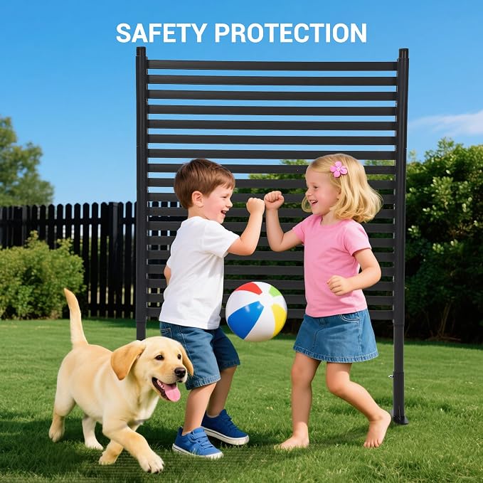 IDEALHOUSE 48"×59" Outdoor Privacy Screen, Freestanding Galvanized Steel & PE Slat Divider, 2-Way Installation Decorative Fence for Trash Can Patio Backyard Garden, Black