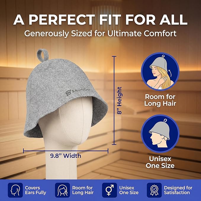 Premium Ultra Soft Grey Sauna Hat for Women and Men — 100% Natural Wool — Ultra Soft, Breathable, Itch-Free and Odor Resistant Sauna Cap