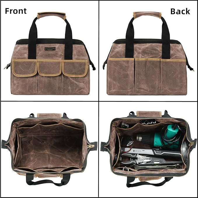 Tool Bag, Durable 16oz Waxed Canvas Wide Mouth Water-Resistant Electrician Tool Bag, Tool Tote with Handle for Tools, Wrenches, Screwdrivers (15 X 7.8 X 11.5 Inch) | Grey