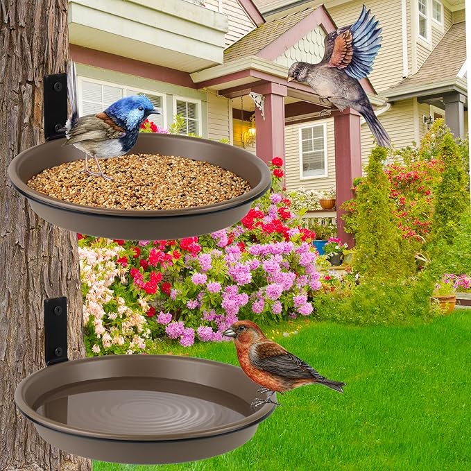 Tree Mounted Bird Feeder for Fence Outside 6 Pack, 8.4" Plastic Wild Bird Bath Tray with Metal Holder for Wood Post, Heavy Duty Wall Mount Squirrel Platform Water Feeder Station Outdoor Yard