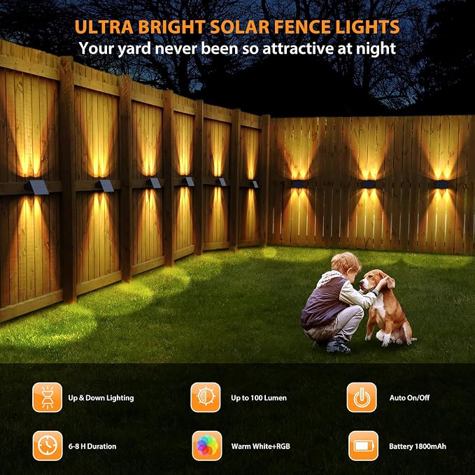Solar Fence Lights,12 Pack Solar Lights Outdoor Warm White + RGB Up & Down Solar Wall Lights Waterproof 100 Lumens Dusk to Dawn Solar Powered Fence Light for Backyard/Pool/Railing/Patio/Porch/Step