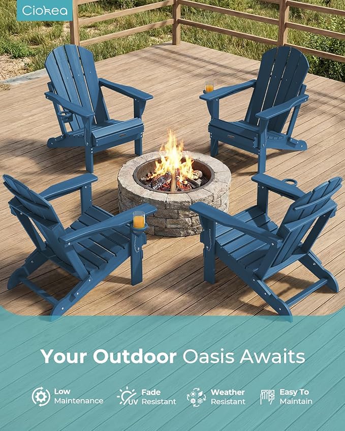 Ciokea Folding Adirondack Chair Wood Texture, Patio Adirondack Chair Weather Resistant, Plastic Fire Pit Chair with Cup Holder, Lawn Chair for Outdoor Porch Garden Backyard Deck (Royal Blue)