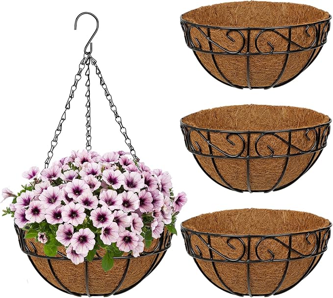4 Pack 10 inch Metal Hanging Baskets for Plants, Round Metal Wire Hanging Basket Planter with Coco Fiber Liners Chain for Garden Home Porch Patio, Flower Border