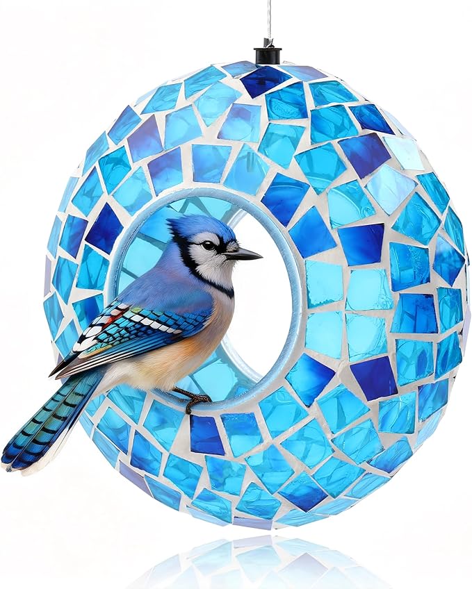 SAVENNA Mosaic Glass Hanging Bird Feeder, 6.3 Inch Handcrafted Outdoor Feeder with Steel Wire Rope, Decorative Garden & Patio Feeder for Wild Birds, Blue Mosaic Design