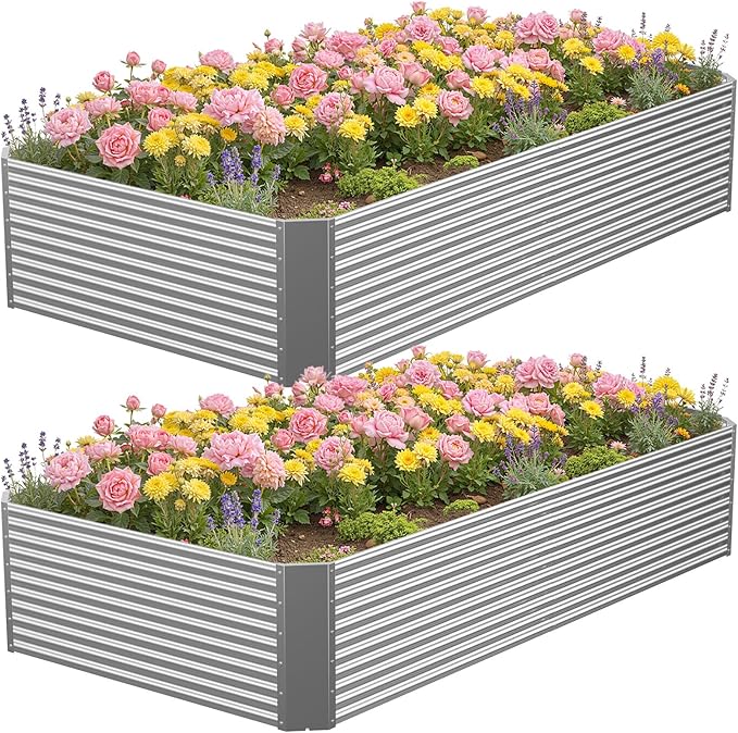2 Pcs 8 x 4 x 1.4 FT Galvanized Steel Raised Garden Bed – Outdoor Planter Box for Root Vegetables, Herbs & Flowers, Large Metal Garden Beds for Backyards, Terraces and Balconies