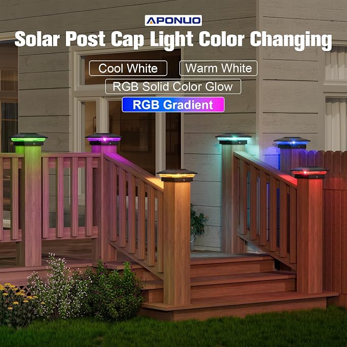 APONUO Solar Post Cap Lights Color Changing - RGB 8 Solid & Gradient Colors, IP65 Waterproof, for 4x4 5x5 6x6 Wood Vinyl Fences, Deck, Patio, Yard, Black, 6 Pack