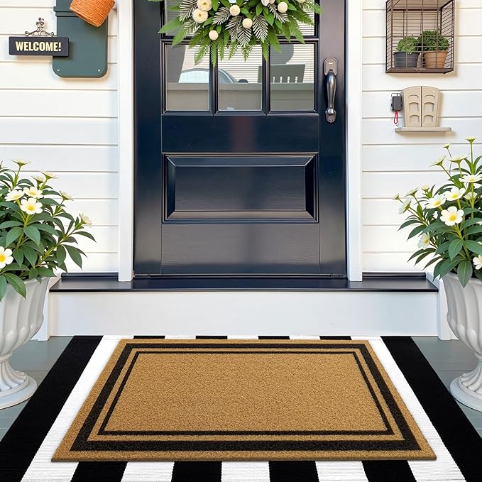 OLANLY Front Door Mat, Low Profile Doormat, Stain and Fade Resistant, Easy to Clean, for Indoor and Outdoor Entrances, Patio Porch or Entryway, Brown (30x17 Inch, Classic Border)