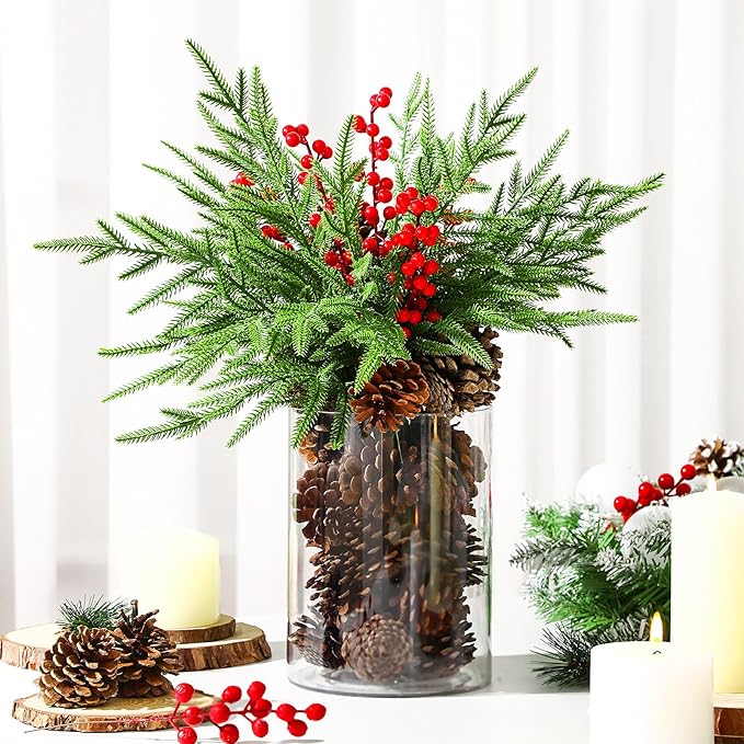 Shappy 42 Pcs Christmas Table Centerpieces DIY Farmhouse Christmas Centerpieces for Dining Table 6 Norfolk Pine Branches 30 Pine Cones 5 Red Berry Stems 1 Glass Vase for Kitchen Tabletop Decorations