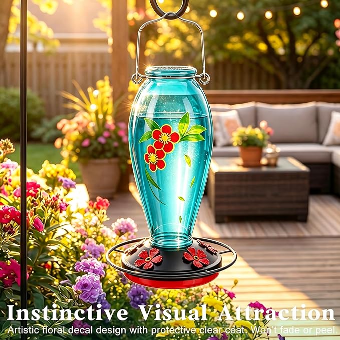 24 OZ Hummingbird Feeder for Outdoors Hanging, Heavy-Duty Thick Glass Bird Feeder with Floral Decals, Leak-Resistant Metal Base with 5 Feeding Ports & Perch, Decorative Garden Decor(Blue)
