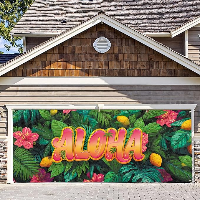 7 * 16FT Summer ALOHA Garage Door Cover Decorations Sunset Palm Trees Garage Door Banner for Outdoor Indoor Summer Party Photography Backdrop