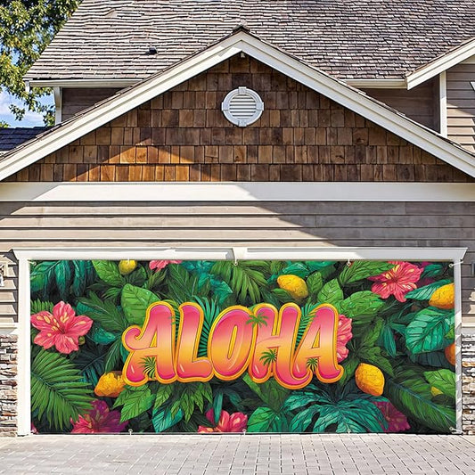 7 * 16FT Summer ALOHA Garage Door Cover Decorations Sunset Palm Trees Garage Door Banner for Outdoor Indoor Summer Party Photography Backdrop