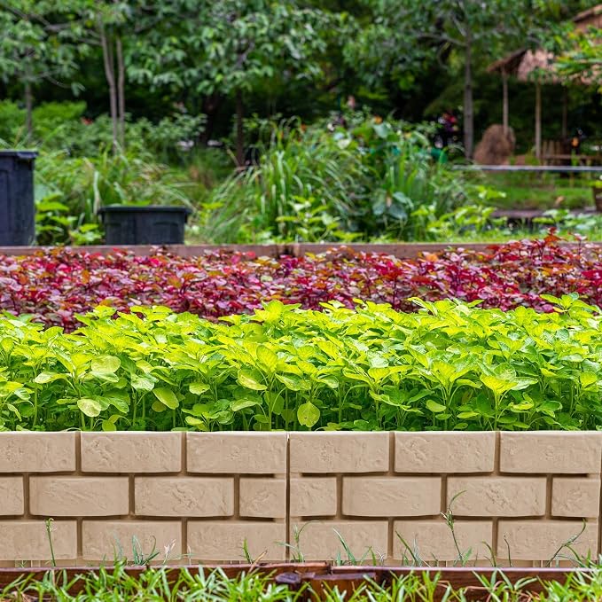 Landical 8 Pcs Imitation Stone Garden Fence, Faux Stone Retaining Wall Look Garden Bricks Border with Ground Stakes, 17.3 x 12.6 in Gray Plastic Edging Blocks for Flower Beds, Lawn, Mulch (Yellow)