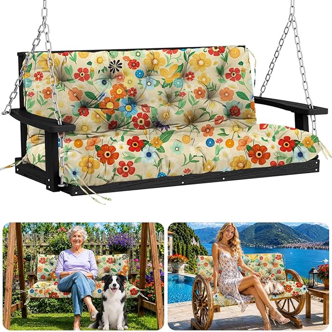 Porch Swing Cushions 40 inch Waterproof & Fade Resistant Thicken 5" Outdoor Swing Cushions 2 Seater Replacement with Backrest & Ties Patio Swing Cushions for Outdoor Furniture (Flower)