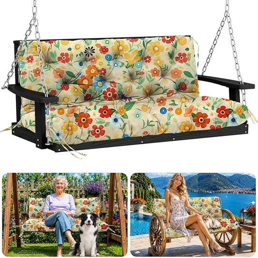 Porch Swing Cushions 40 inch Waterproof & Fade Resistant Thicken 5" Outdoor Swing Cushions 2 Seater Replacement with Backrest & Ties Patio Swing Cushions for Outdoor Furniture (Flower)