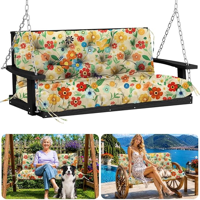 Porch Swing Cushions 48 inch Waterproof & Fade Resistant Thicken 5" Outdoor Swing Cushions 2 Seater Replacement with Backrest & Ties Patio Swing Cushions for Outdoor Furniture (Flower)