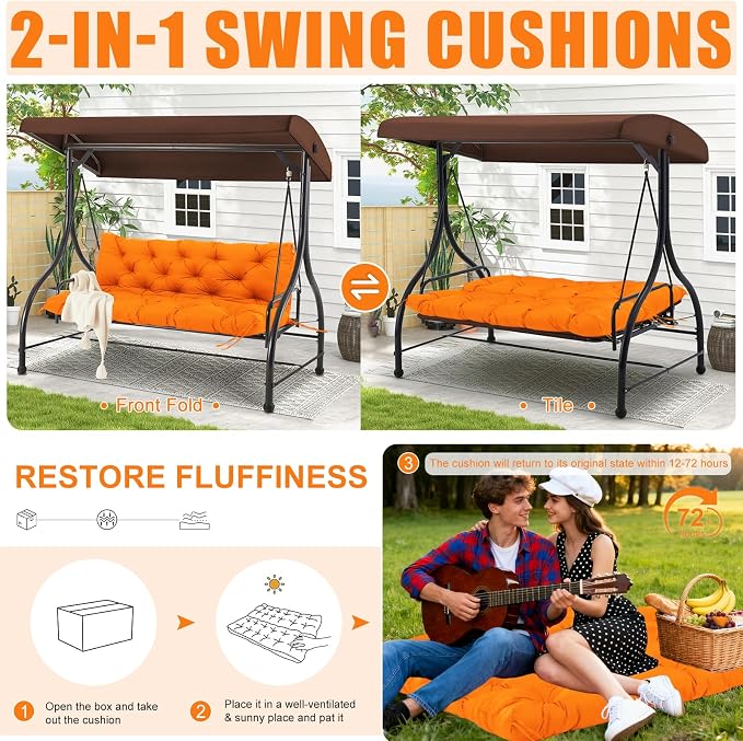 Porch Swing Cushions Outdoor 40 inch x 40 Waterproof Swing Cushions 3 Seater Replacement with Backrest & 8 Ties 5" Thick Bench Swing Cushions for Outdoor Furniture Patio(Orange)