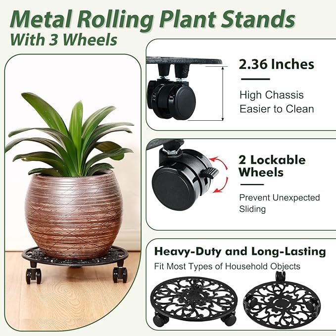 11 Inch Rolling Plant Stand with Wheels Wrought Iron Rolling Plant Stand with Casters Heavy Duty for Indoor Plants Rollers Base Metal Round Plant Dolly withWheels 1 Pack