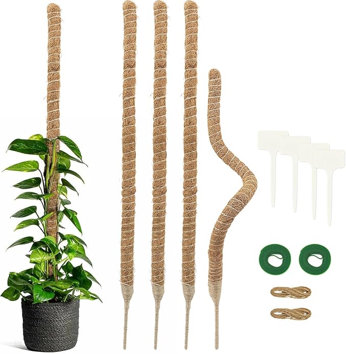 Deergo 4Pack 30 Inch Moss Pole, Bendable Moss Pole for Plants Monstera Coco Coir Plant Support Pole for Small Climbing Plants Grow Up, Brown