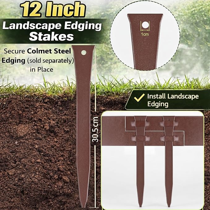 10 Pcs 12 Inch Metal Landscape Edging Stakes Galvanized Steel Garden Stakes Landscape Anchoring Spikes for Outdoor Terrace Grass Board Barrier Edging Coil Barrier Garden Lawn (Brown)