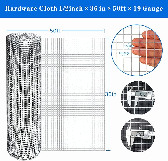 Hardware Cloth 1/2 inch Square Openings - 19 Gauge 36'' x 50' Hot-Dip Galvanized Wire Mesh, Welded Cage Wire Rolls Great for Animal Enclosure Chicken Coop Flower Beds Rabbits Wire Fencing