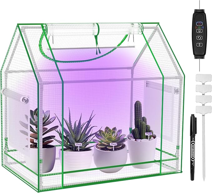 [CareForge] Mini Greenhouse Indoor with Grow Light & PE Bottom Mat, 27.5x19.6x27.1 Tabletop Greenhouse for Seed Starting, Portable Small Greenhouse for Outdoors, Multi-Window & 4 304 SS Labels