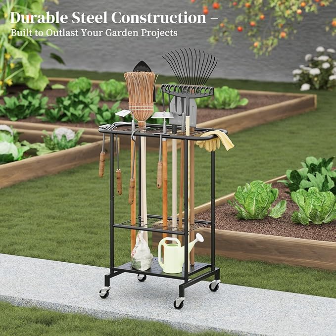 Garden Tools Organizer Rack, Yard Tool Rack with Wheels, Heavy Duty Steel Yard Tool Organizer and Storage Holder Broom Holder for Shed, Patio, Outdoor (Rack with Wheels)