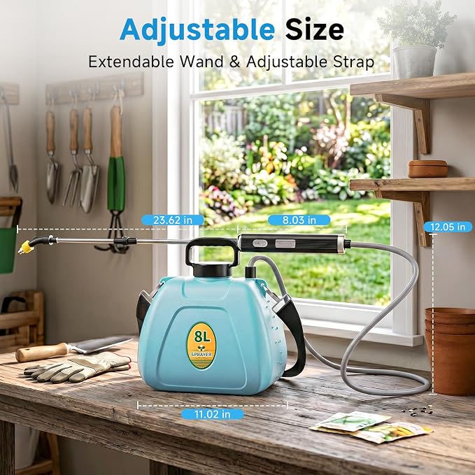 Battery Powered Garden Sprayer 2 Gallon, 7.4V Rechargeable Weed Sprayer with 3 Pressure Mode, 5 Spray Nozzles, Telescopic Wand, Battery Indicator, Adjustable Strap for Lawn Garden, Blue