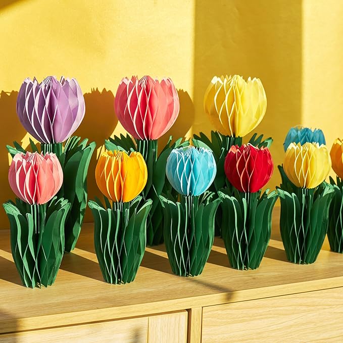 OBBOLO 12 Pcs Tulip Honeycomb Decorations, Spring Decorations for Office, Spring Table Decor, Tulip Party Decorations, Spring Centerpieces for Tables for Mothers Day Spring Party, Womens Day
