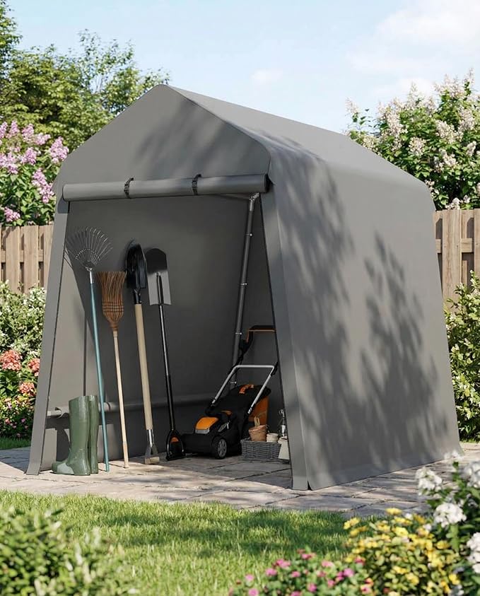 Garvee 7X12 Ft Outdoor Storage Shed, 2 Rolled Up Zipper Doors Portable Storage Shed, Waterproof Cover Vents Carports Temporary Shelter for Bike, Motorcycle, Gardening Tools, Generator, Grey
