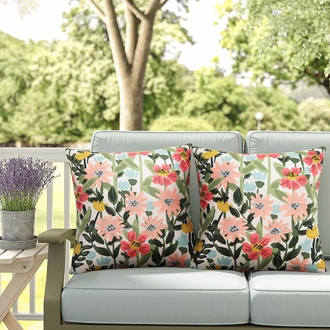 Pyonic Outdoor Pillows Covers Pack of 2 Spring Floral Waterproof Throw Pillow Covers 16X16 inch Outdoor Pillows for Patio Furniture Garden Square Outside Waterproof Pillow