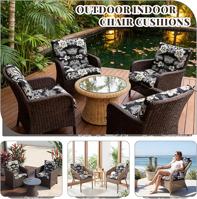 Marsui 4 Pcs Outdoor Indoor High Back Chair Cushions Patio Furniture Tufted Pillow with Ties Water-Resistant Replacement Outdoor Rocking Chair Cushions, 42 x 21 Inches (Black,Flower)