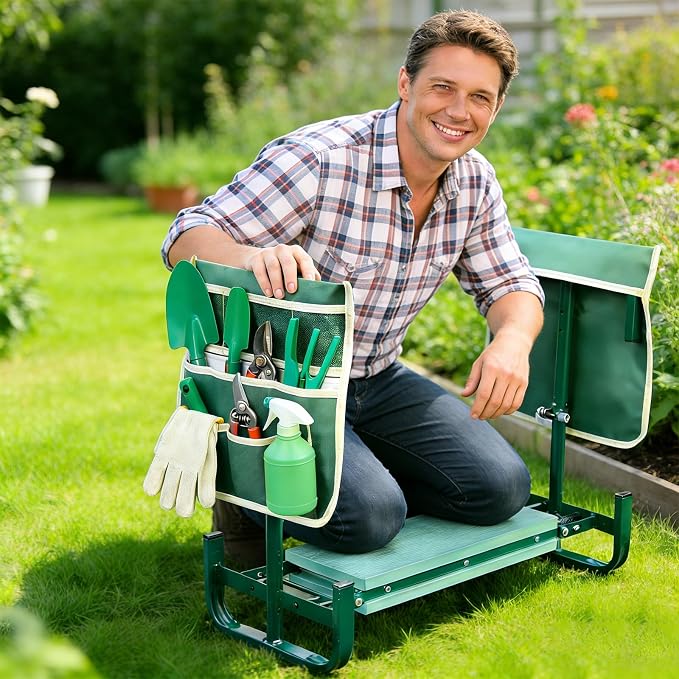 Adjustable Garden Kneeler and Seat, Foldable Garden Kneeler and Seat with Wider Kneeling Pad and 2 Tool Pouches Height Adjustable Heavy Duty Gardening Stool