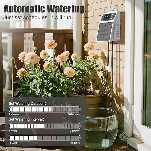 Solar Automatic Drip Irrigation Kit, Smart Timer Watering System for 10 Potted Plants, Plant Waterer for Balcony Garden Greenhouse Window Sill, Indoor Outdoor Use