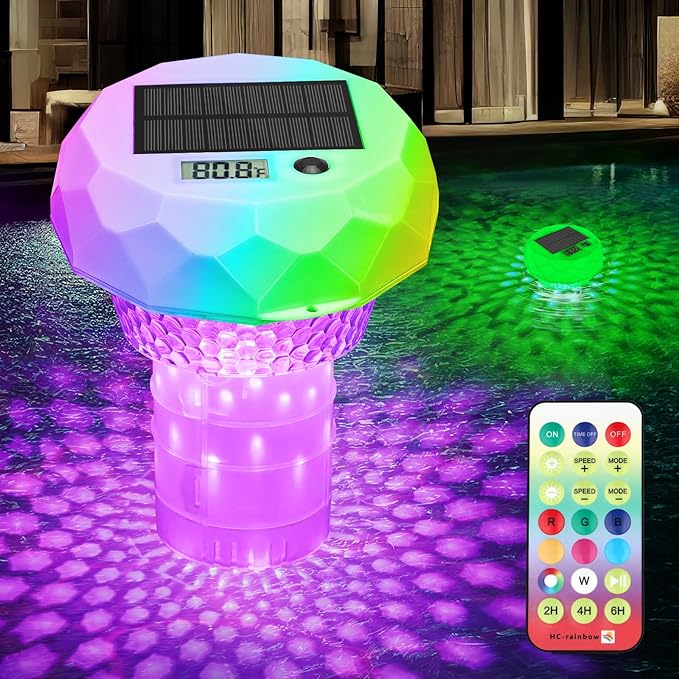 Solar Pool Chlorine Floater, Pool Light that Float With Thermometer, Remote, 8 Lighting, Timing Mode, IP68 Waterproof, Floating Chlorine Tablet Dispenser for Pool, Spa Bathtub, Hot Tub, Pond Decor