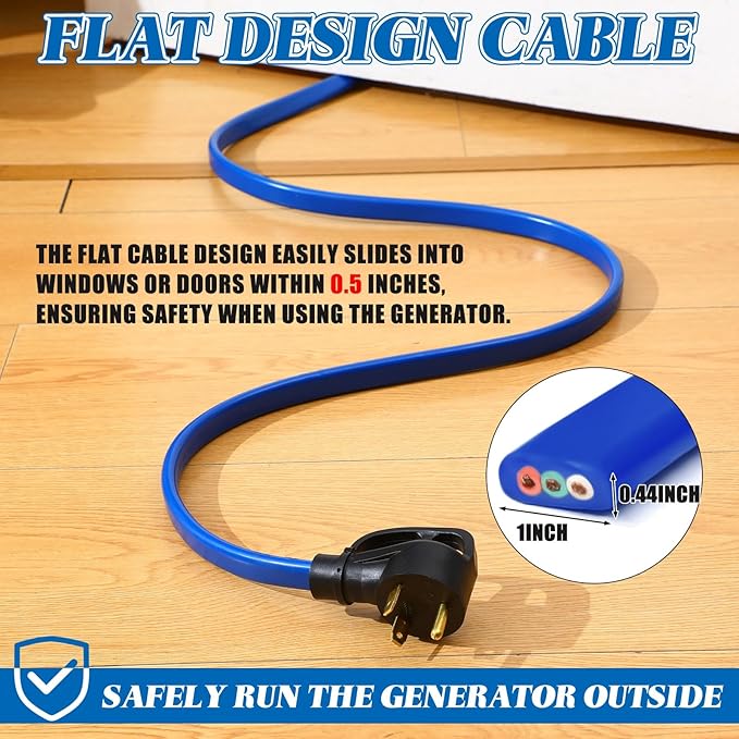 Tellegloww 35 FT Flat RV Generator Adapter Cord NEMA TT-30P to 3X 5-20R/5-15R, 30A to 110V 15/20 A Household Outlet Adapter, 10 Gauge Flat RV Generator Extension Cord, ETL Listed, Blue