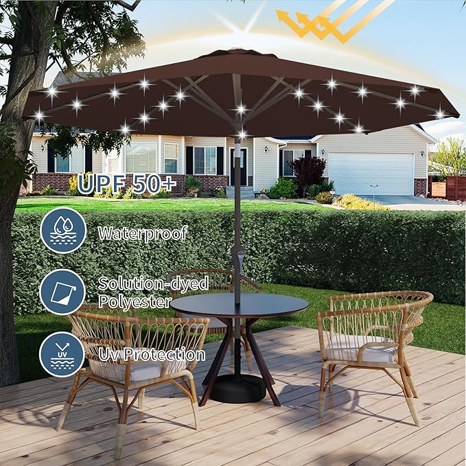9FT Patio Umbrella with Solar Lights,Outdoor Market Umbrella with Tilt and Crank, LED Lighted Table Umbrella for Garden,Deck,Backyard,Pool,Beach
