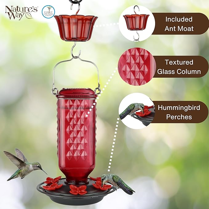 Nature’s Way Poppy Column Antique Red Glass Gravity Hummingbird Feeder with Ant Moat, 23 Ounce Capacity, 6 Flexible Red Lilac Flower Ports, Continuous Perch Ring, Easy-Clean Pewter Plastic Base