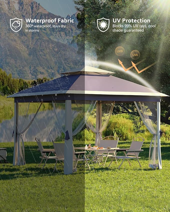 Garveelife 11x11 Pop Up Gazebo Tent with Mosquito Netting, Outdoor Canopy Shelter Easy Setup, Water & UV Resistant - Navy