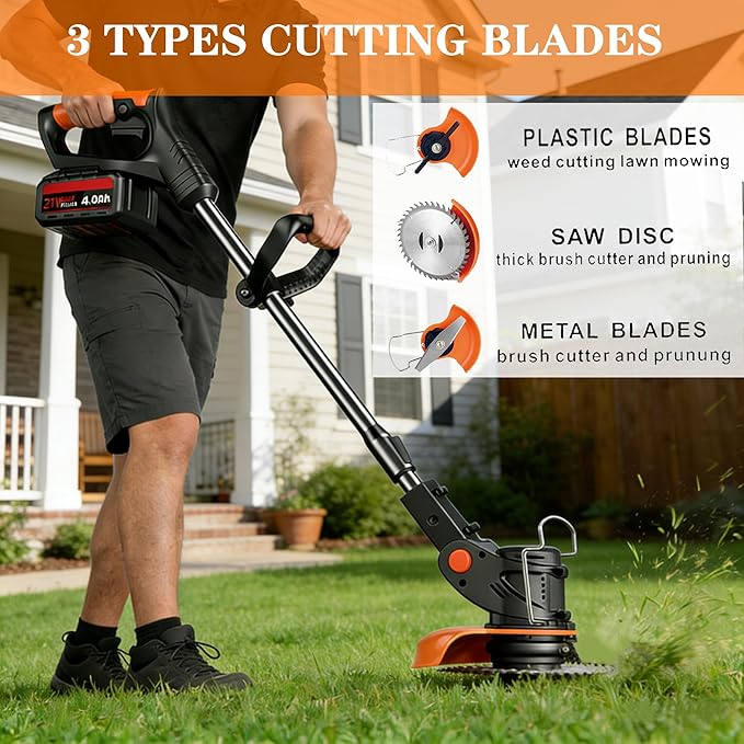 21V Cordless Weed Wacker, Electric Weed Eater Brush Cutter Lawn Edger - 3.9 lbs Lightweight Weed Trimmer with 3 Types Blades, Adjustable Height & Cutting Angle for Yard Garden Lawn Care