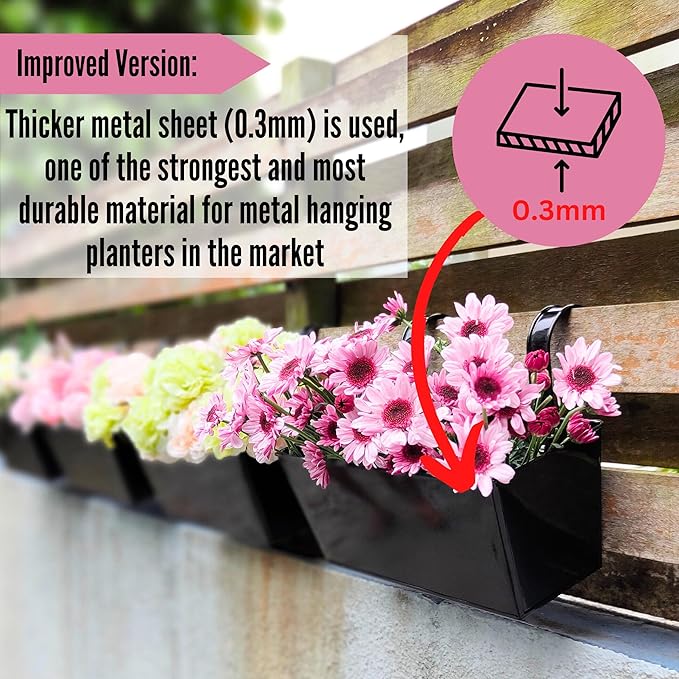 LaLaGreen Rail Planter (16 Inch, 5 Pack) Metal Planters Hanging Flower Pots Rectangular Buckets Herbs Modern Wall Mount Iron Balcony Box Plant Holder Deck Railing Fence Porch Home Outdoor Plants Decor